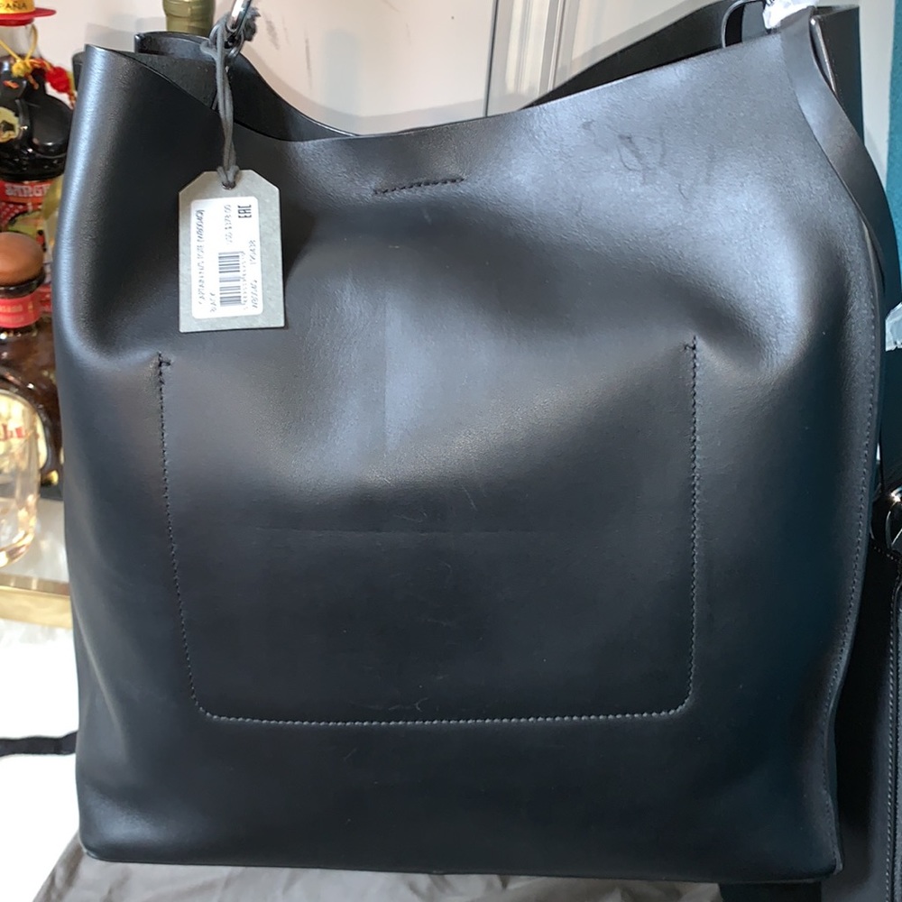 ALLSAINTS Captain Large Smooth Black Leather Shoulder Tote Bag $358 - Picture 3 of 12